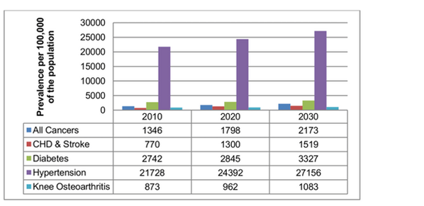 Projected prevalence of disease per 100,000 population from 2010-2030